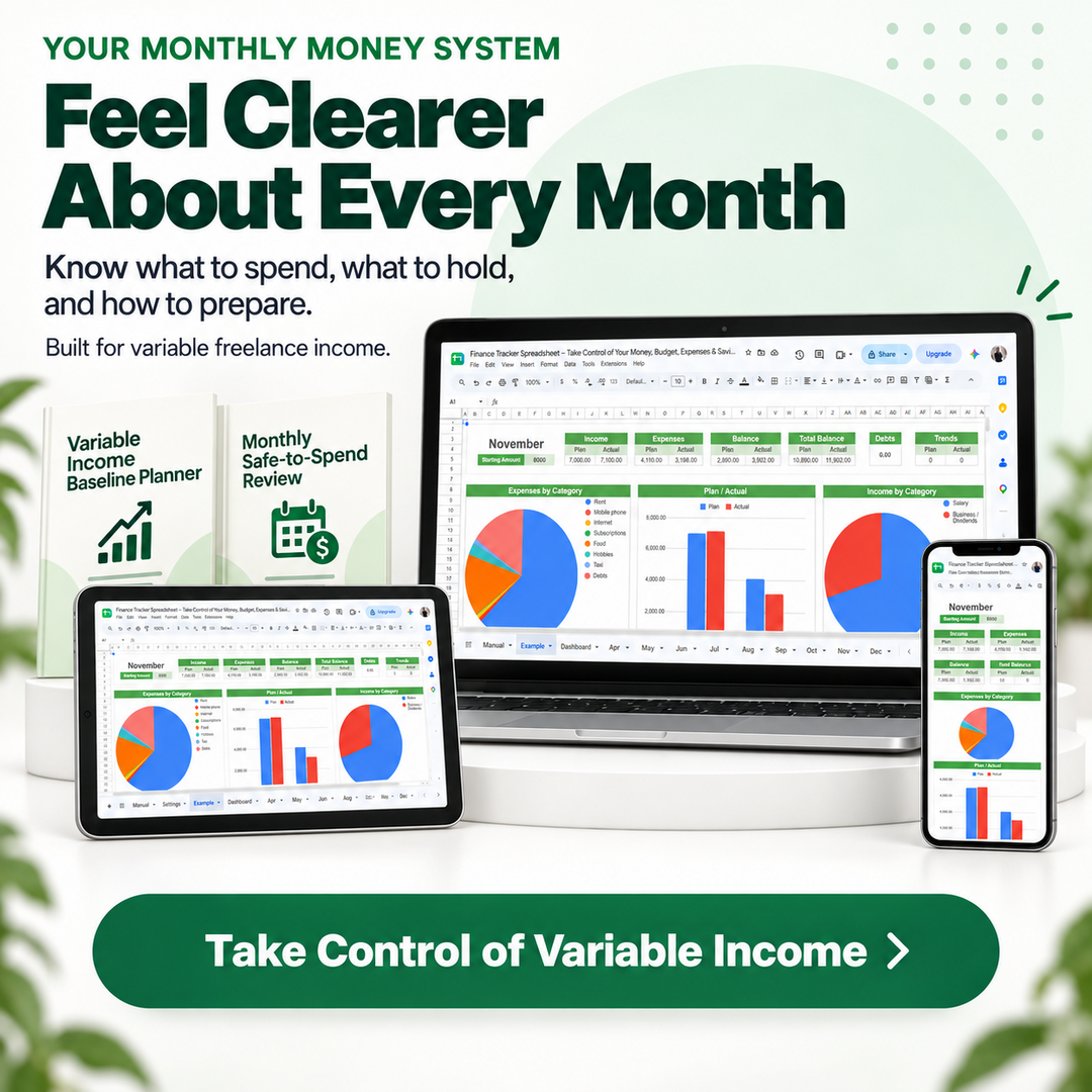 Freelancer finance tracker system for deciding what to spend, what to hold and how to prepare each month