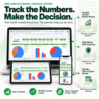 Finance tracker spreadsheet showing Plan vs Actual, monthly trends, income, expenses, savings and debts