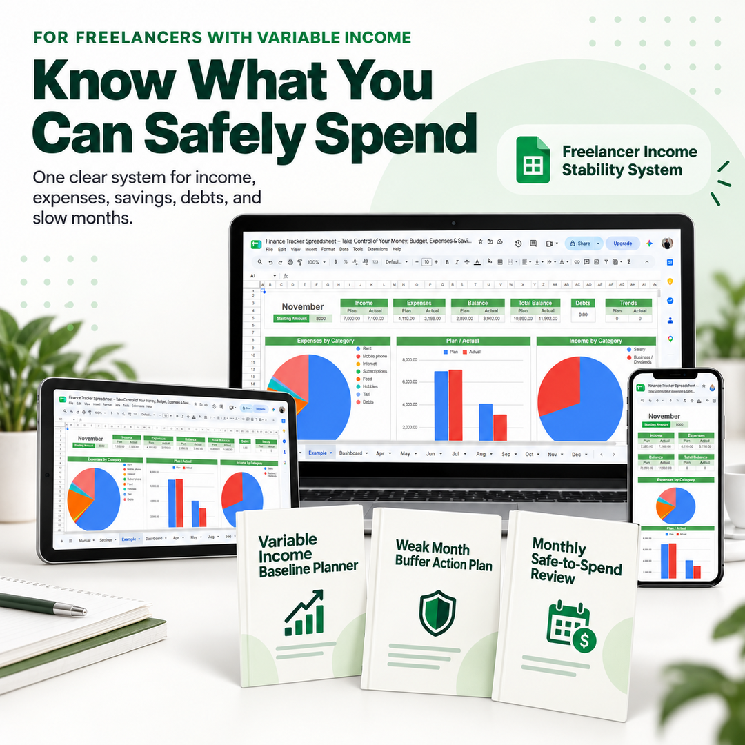 Freelancer finance tracker spreadsheet system shown on laptop, tablet and phone with planning guides