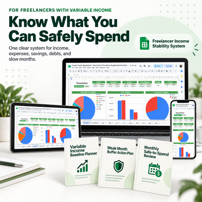 Freelancer finance tracker spreadsheet system shown on laptop, tablet and phone with planning guides