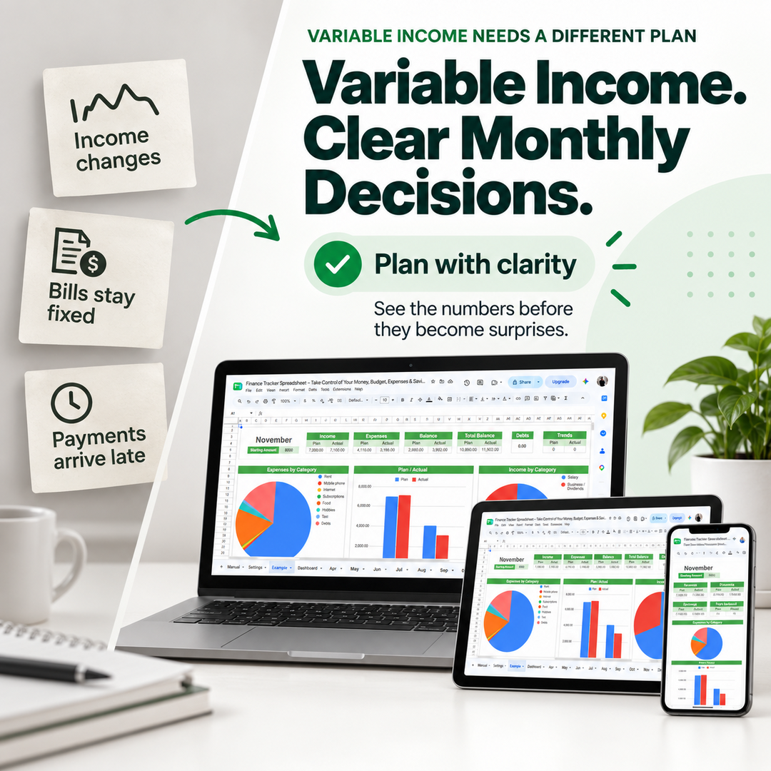 Variable income freelancer moving from uncertain monthly finances to clearer decisions with a finance spreadsheet