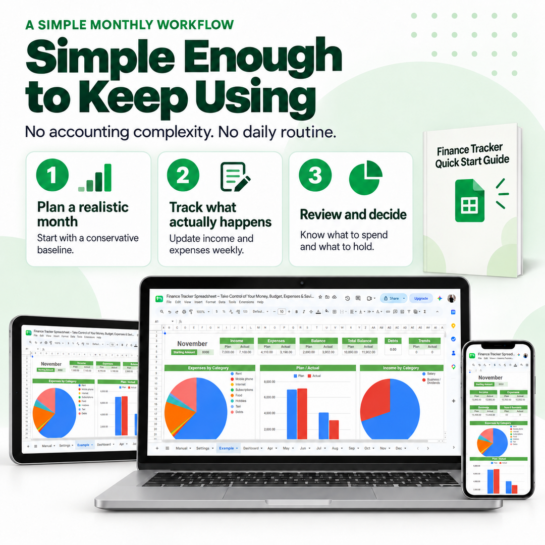 Three-step monthly workflow for planning, tracking and reviewing variable freelance income