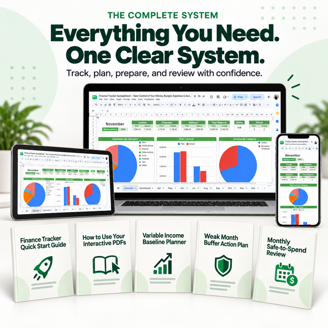 Complete Freelancer Income Stability System with finance tracker spreadsheet and five interactive guides