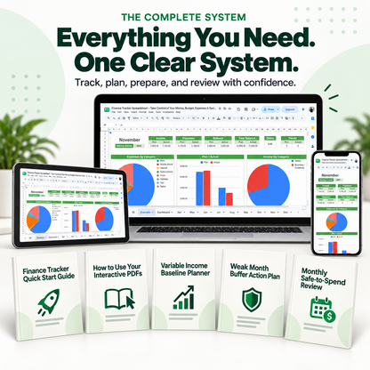 Complete Freelancer Income Stability System with finance tracker spreadsheet and five interactive guides